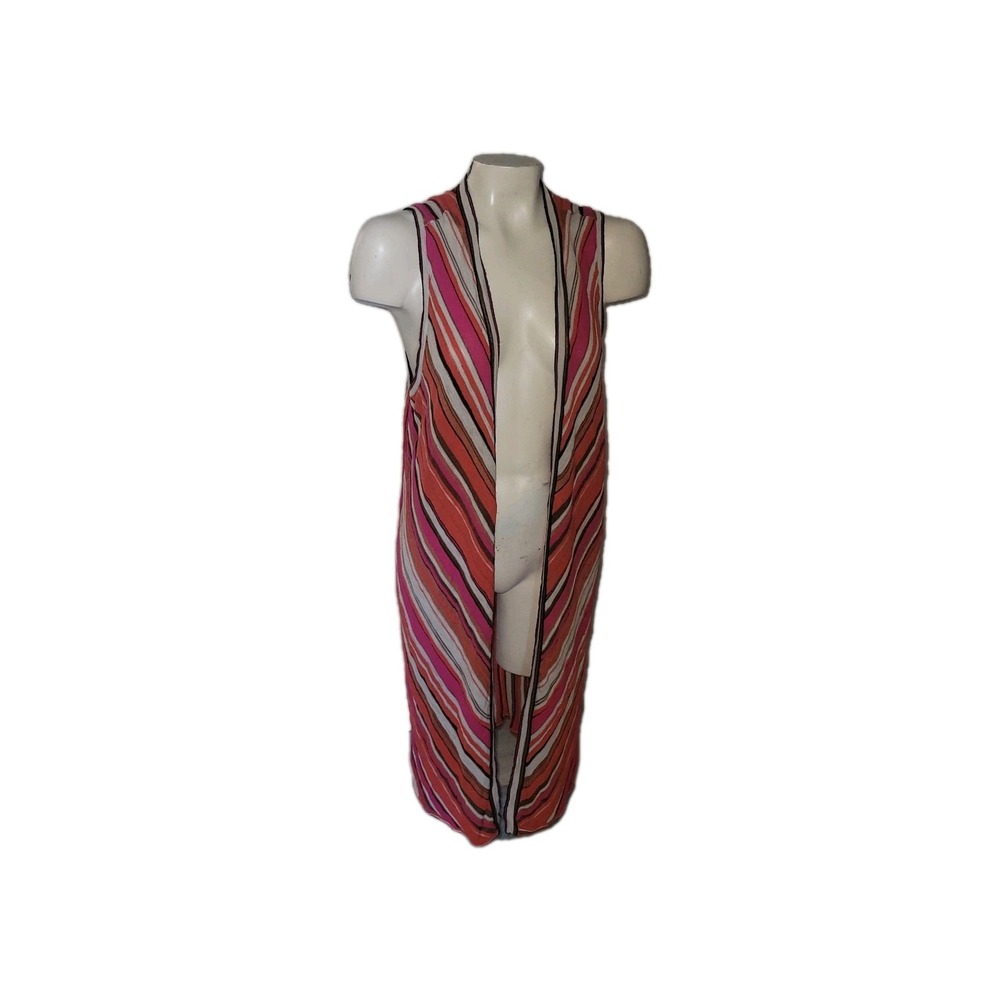 Chico's Sleeveless Open Front Cardigan Vest Stripe Knit Orange‎ Pink Brown Sz 2